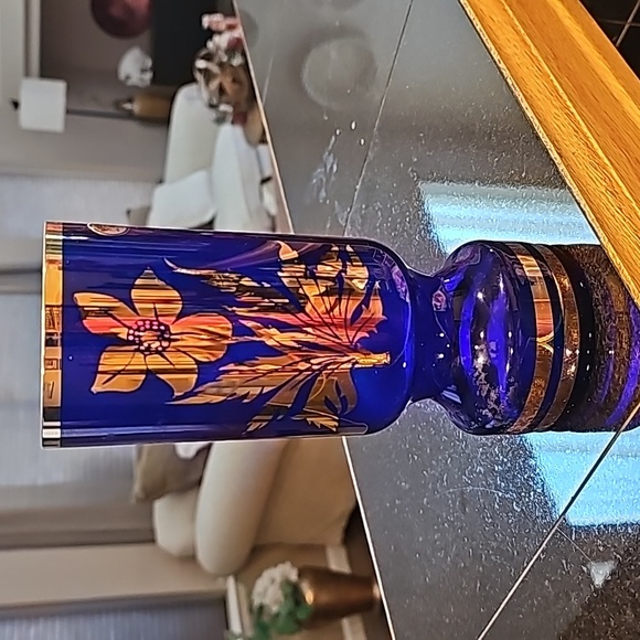 VTG VASE~CZECH/BOHEMIA~HANDMADE~COBALT BLUE/GOLDTRIM FLORAL~10" - Picture 3 of 6